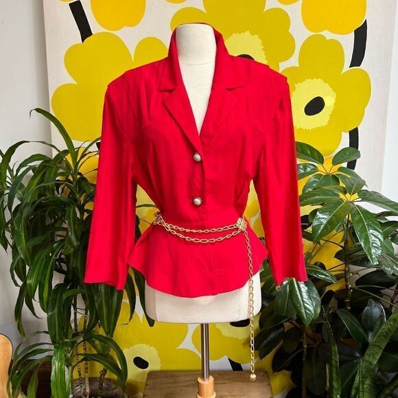 Killer Cherry Red Vintage 1980s Pearl Button Peplum Blazer Jacket Blouse - Picture 1 of 6